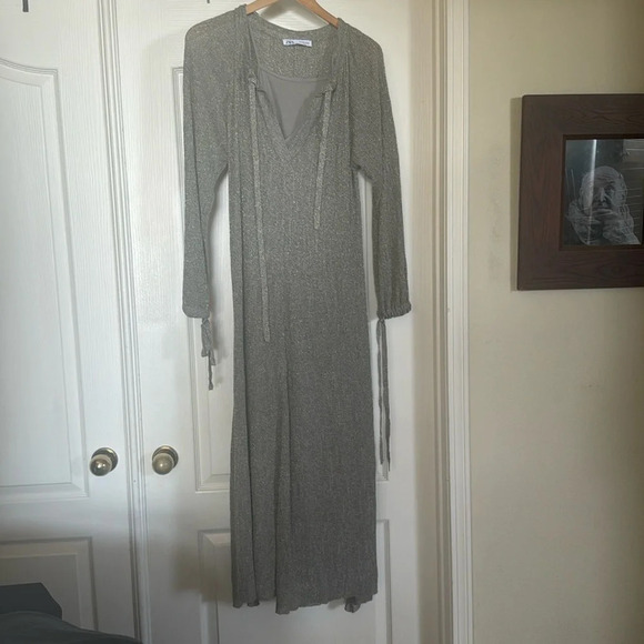 ZARA Dress with Metallic Thread silver long sleeve with slip size med NWT - Picture 13 of 15